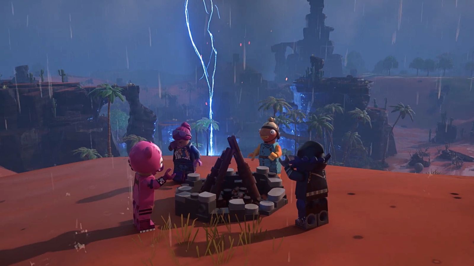 4 LEGO Fortnite characters gathered around a fireplace during a storm