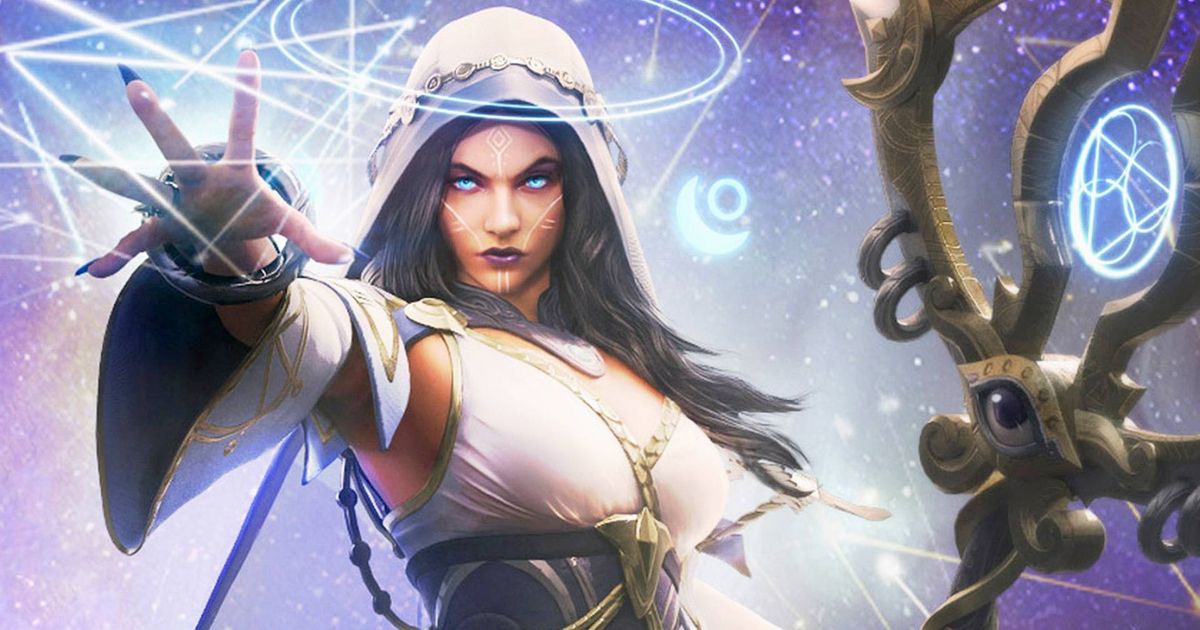 Hecate from Smite 2 wielding a staff in one hand while the other is outstretched forward surrounded by magical glyphs.