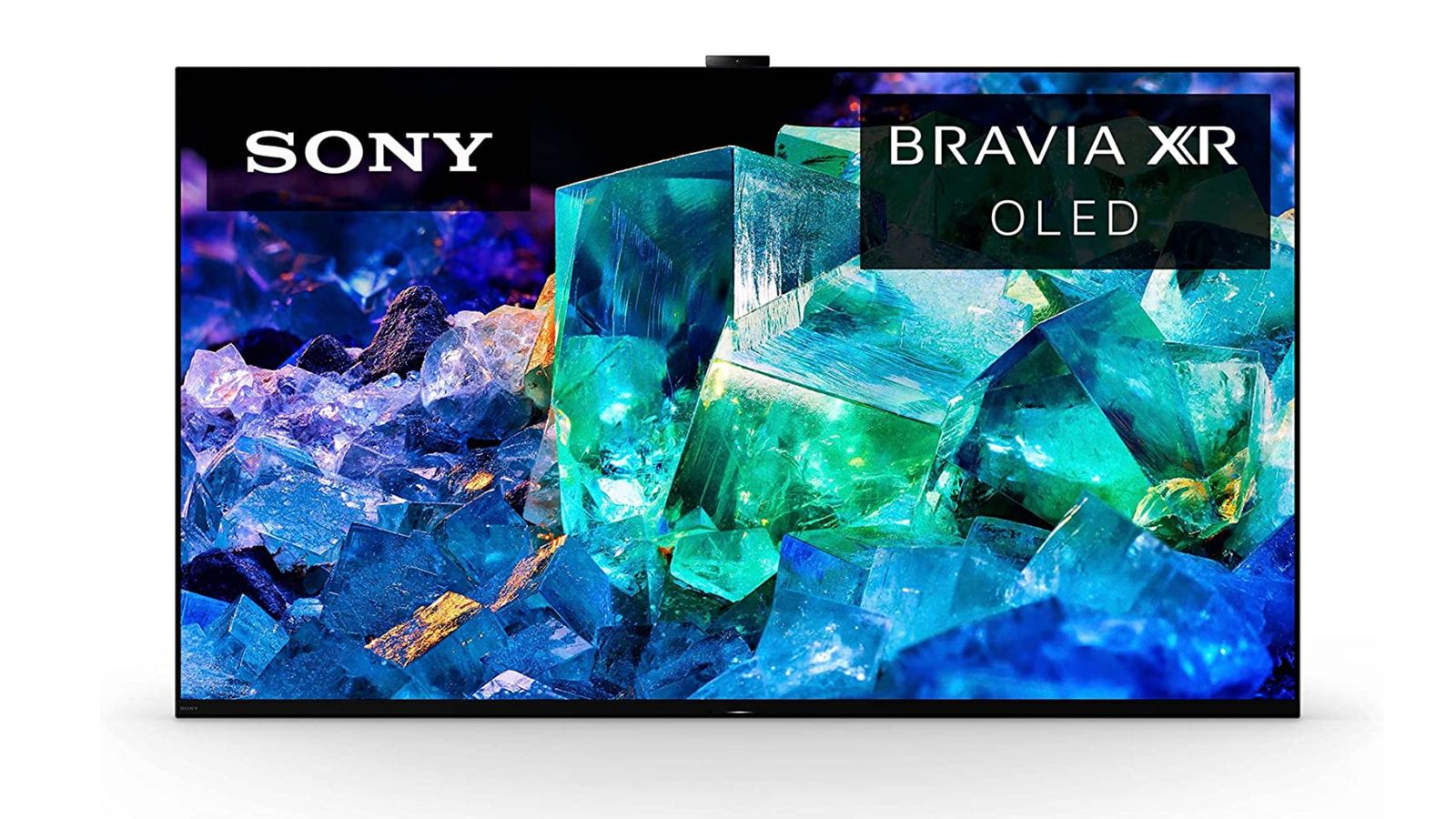 Sony Bravia XR A95K product image of a standless TV with turquoise crystals on the display.