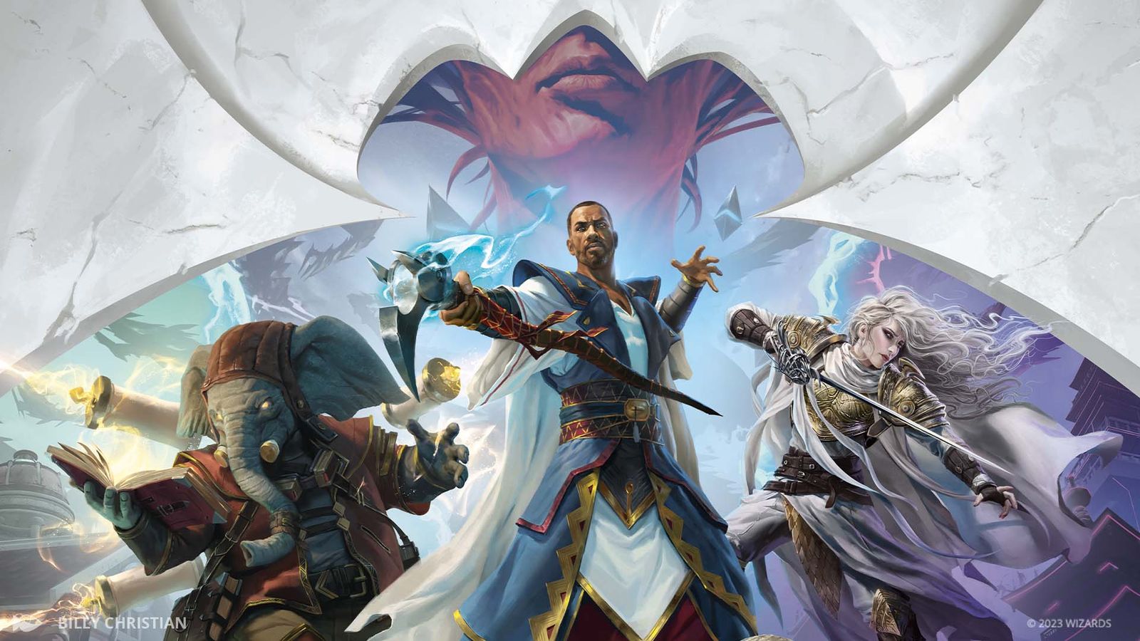 Elesh Norn behind fighters in Magic the Gathering