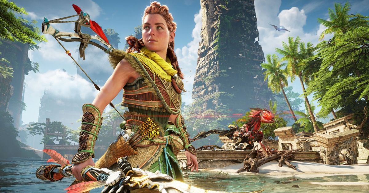 Horizon Forbidden West Official Art. Aloy is standing on the left of the image looking off the screen, she is holding her spear and a metal monster lurks behind her. 