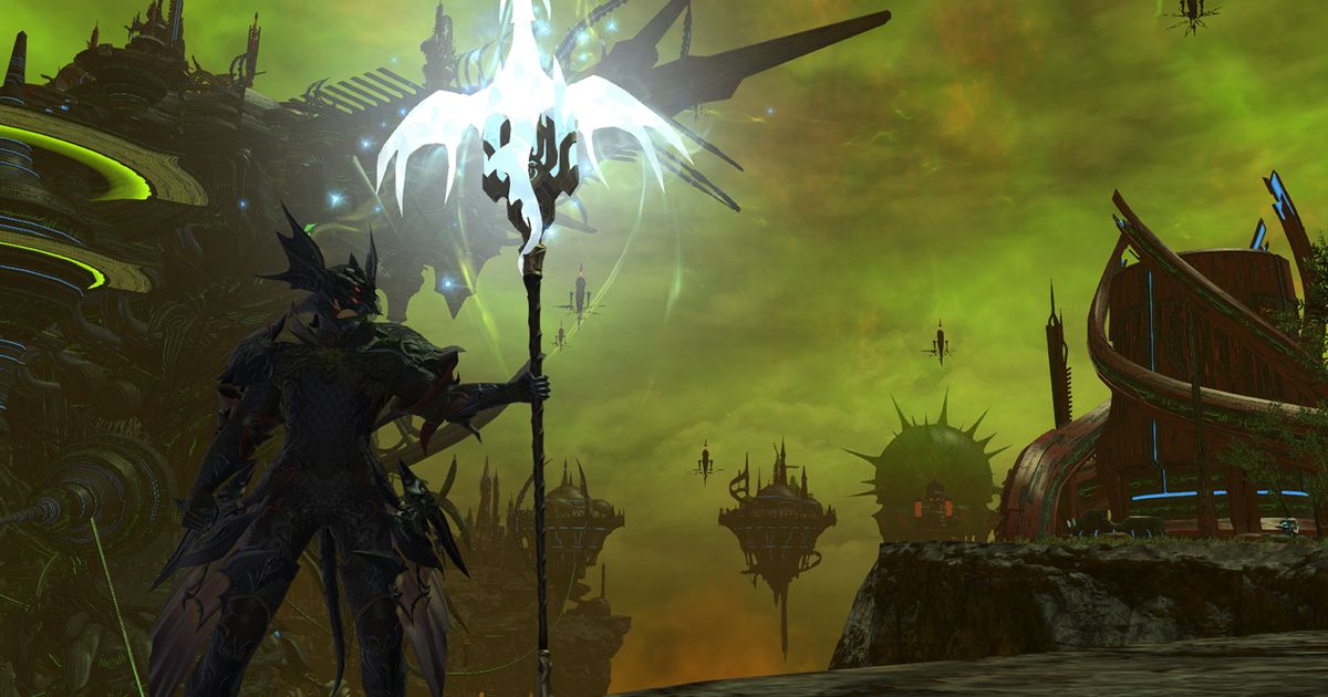 An image of a Dragoon wielding an Anima Lux Heavensward Relic Weapon from Final Fantasy XIV, over Azys Lla, a high-tech landscape filled with floating islands.