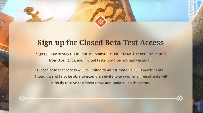 Sign up form for the Monster Hunter Now closed beta test.