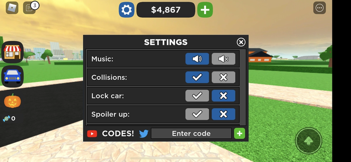 The Settings menu and box to redeem Car Dealership Tycoon codes.