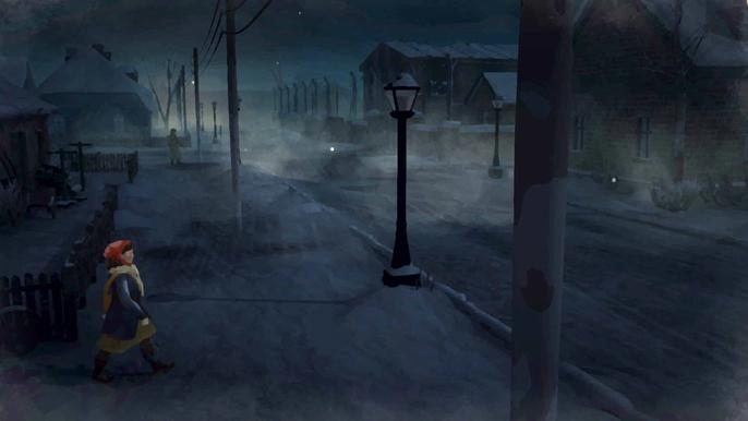 A screenshot from Gerda: A Flame in Winter of Gerda crossing a road.