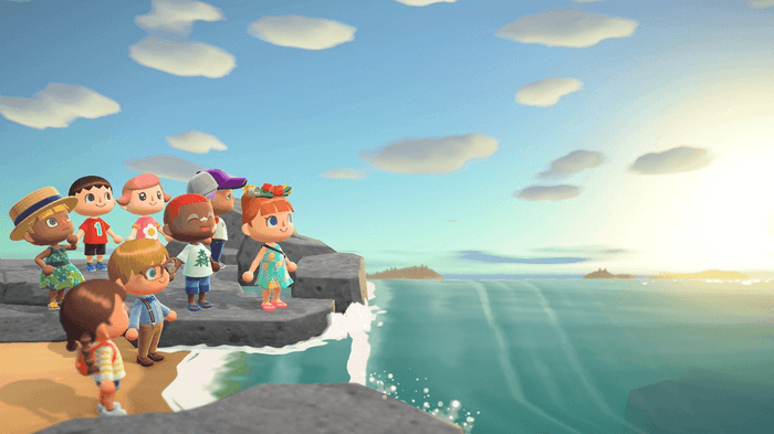 Friends and visitors on the beach in Animal Crossing: New Horizons.