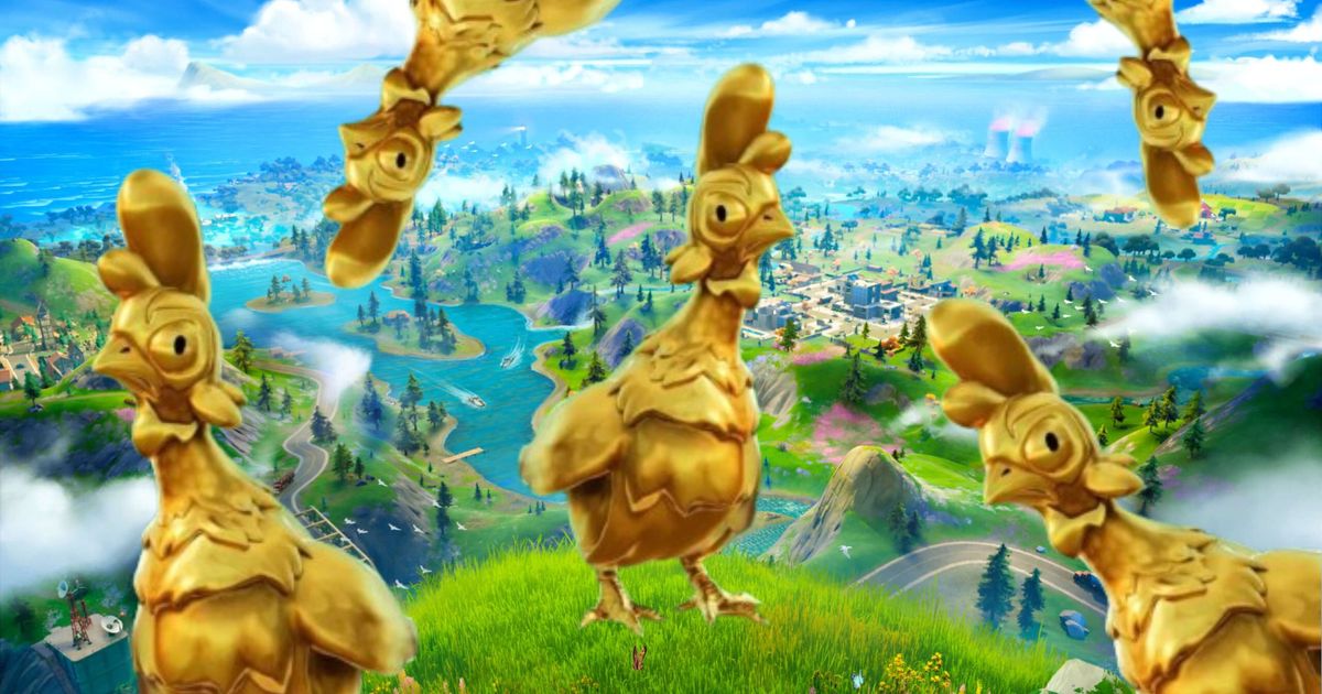 A slew of Golden Chickens with the Fortnite island in the background 