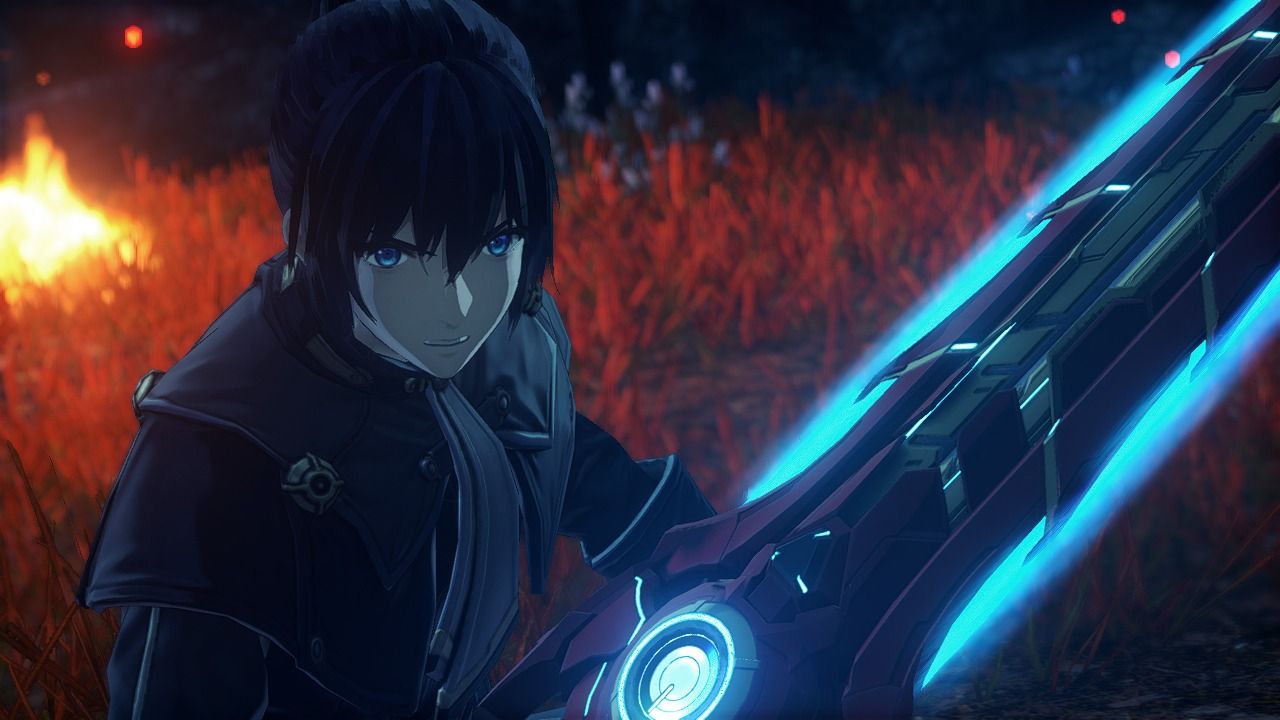 A Xenoblade Chronicles 3 character poses with a sword.