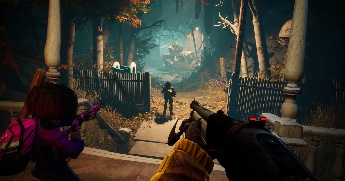 The player character pointing a gun in Redfall.