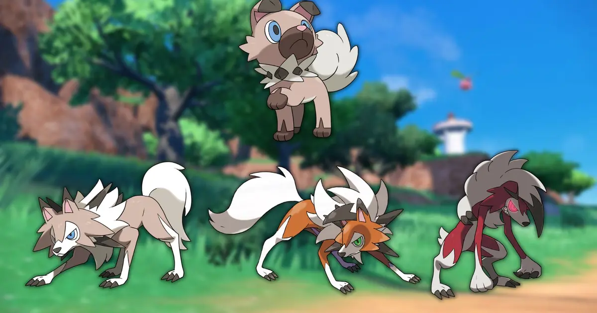 Rockruff and its three Lycanroc evolution forms in Pokemon Scarlet and Violet
