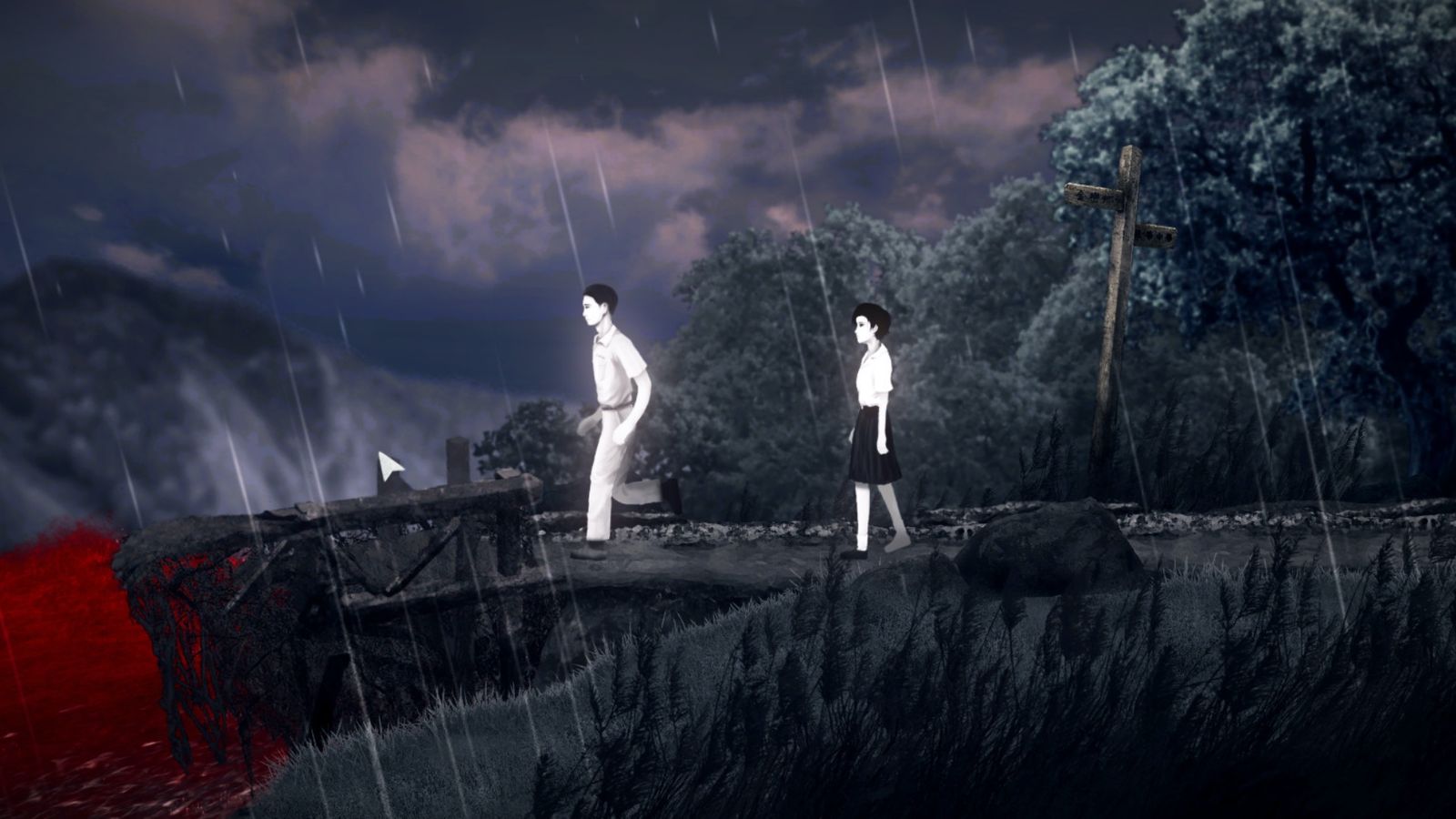 Screenshot from Detention, showing two characters walking across a rainy bridge