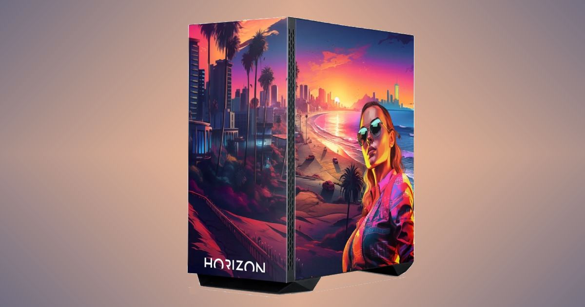 A gaming PC with a GTA-themed case around it, featuring a woman in glasses on the right.