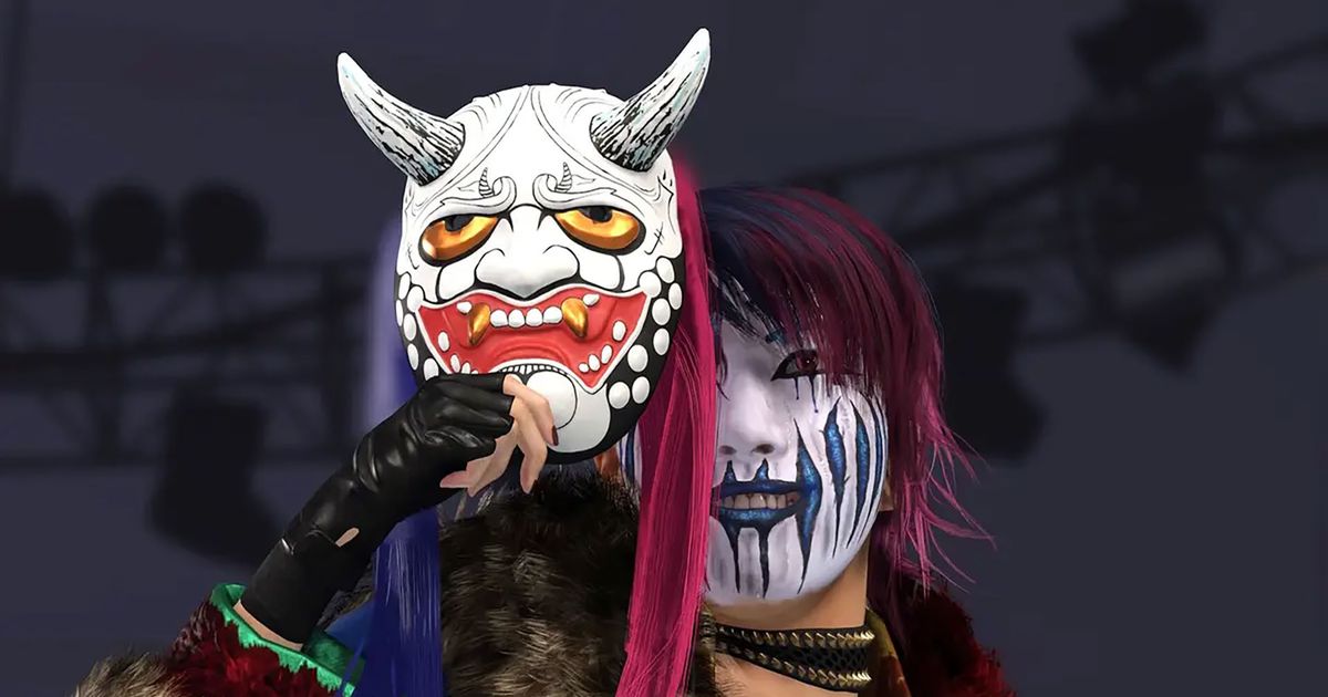 WWE 2K24 Asuka holding mask near head