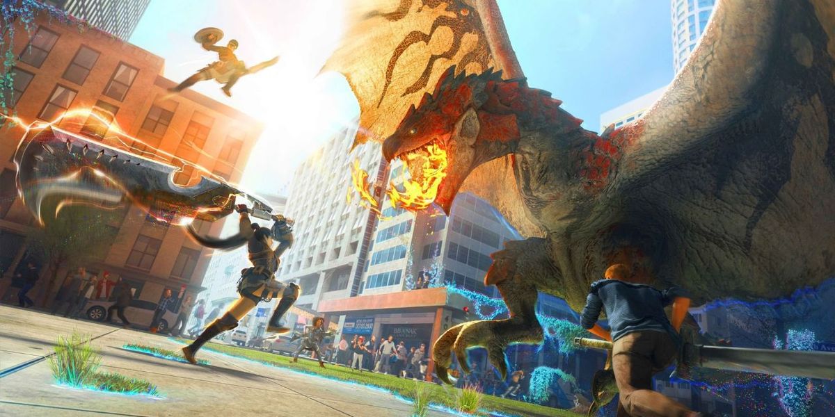 Multiple Monster Hunter Now characters are about to fight a dragon.