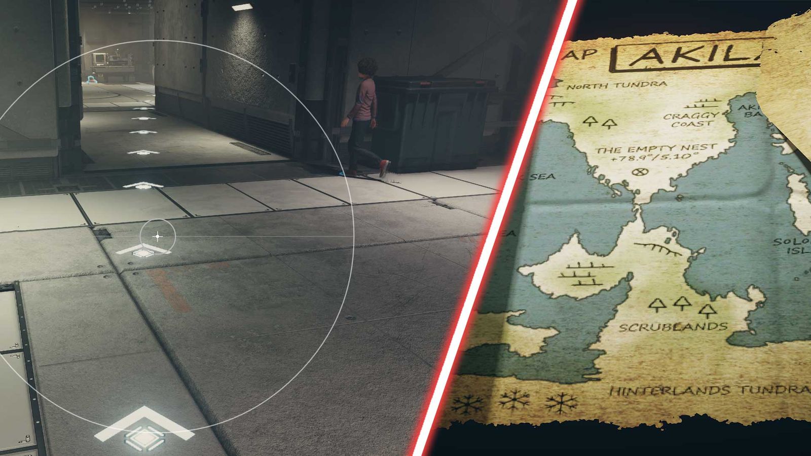 A photo showing Starfield waypoint paths next to a picture of a map.