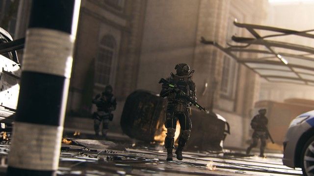 Screenshot of Modern Warfare 2 player walking in front of burning wreckage