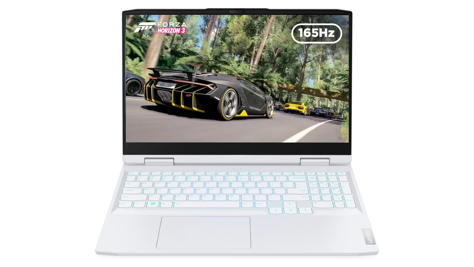 Best Redfall gaming laptop - Lenovo IdeaPad Gaming 3 product image of a white laptop with an image of a black supercar from Forza Horizon on the display.