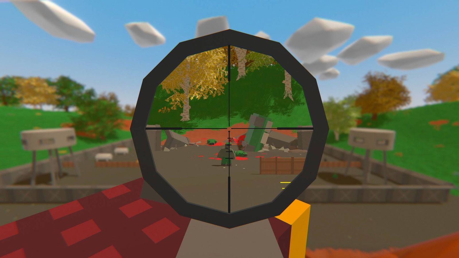 The player aiming down sights in Unturned.