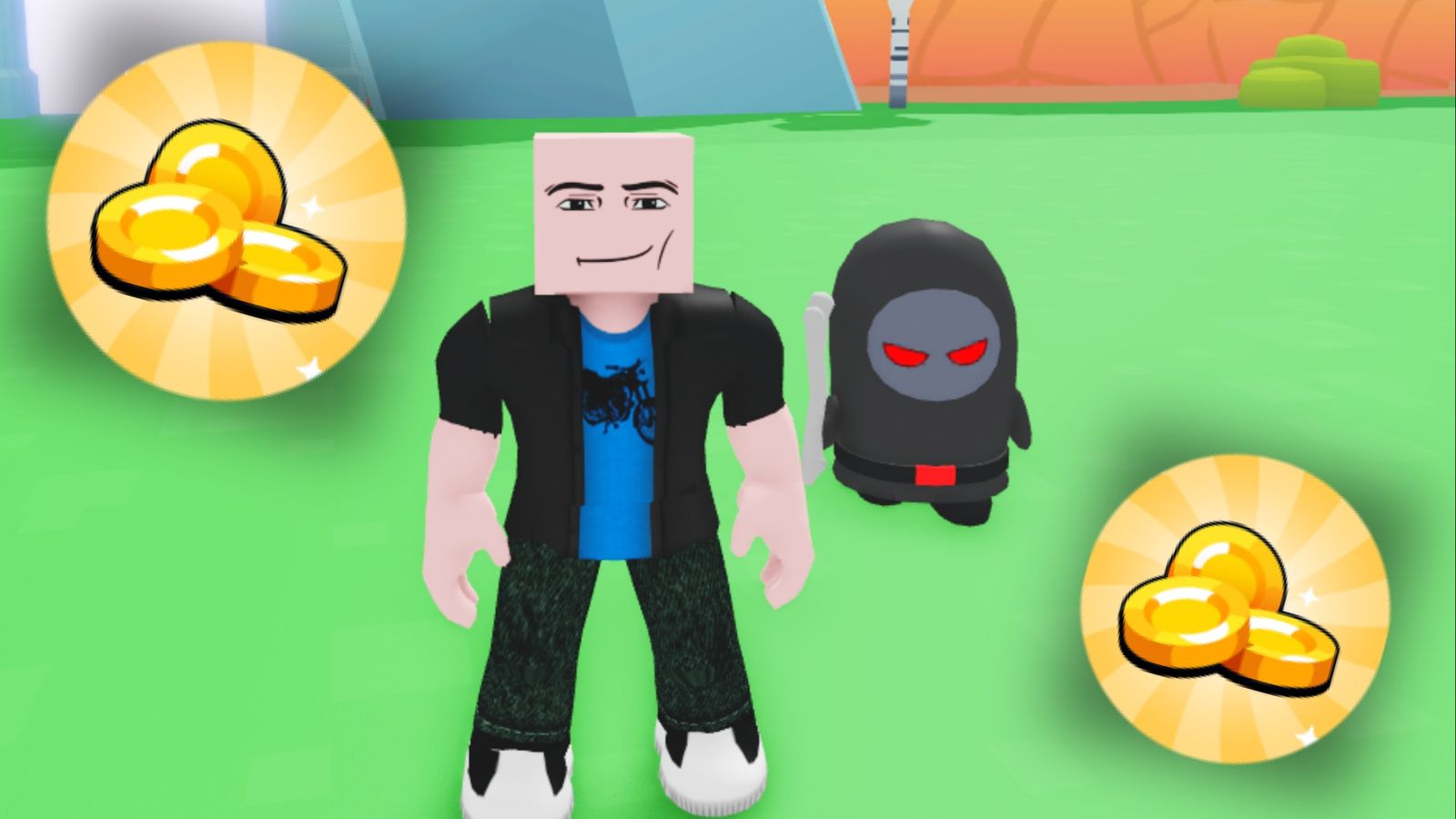 Roblox character in Blub Defense with coin icons floating nearby