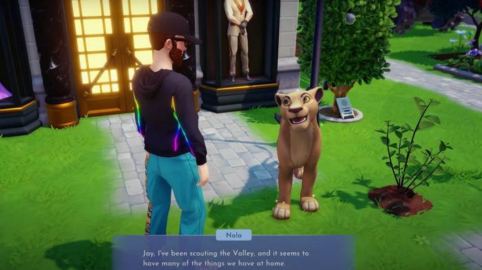 The character is talking to Nala to get the Staking Your Territory quest in Disney Dreamlight Valley.