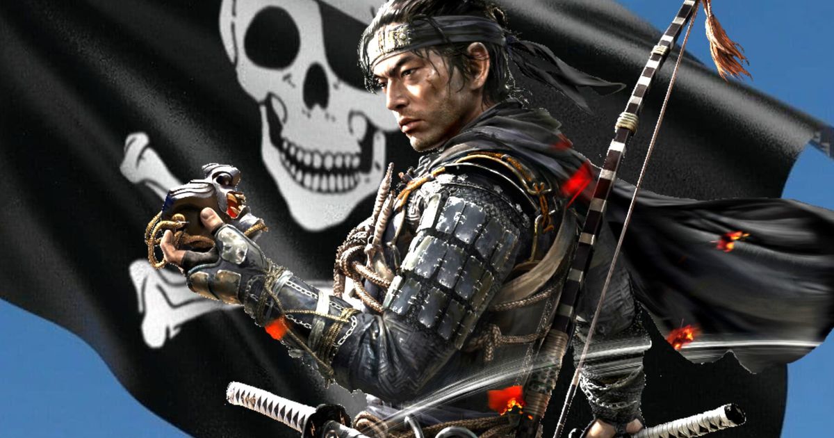 Jin from Ghost of Tsushima standing in front of a pirate flag Jolly Roger