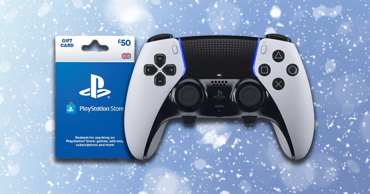 A white and black PS5 DualSense Edge featuring blue lighting next to a blue and white PlayStation Store gift card. Both are in front of a snowy light blue background.