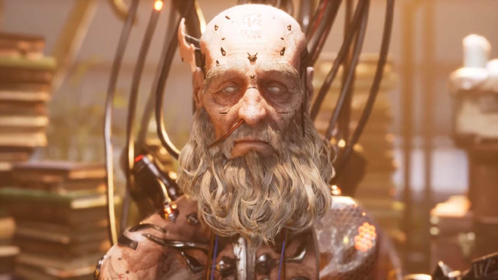 A portrait shot of a creepy old man from Stellar Blade 