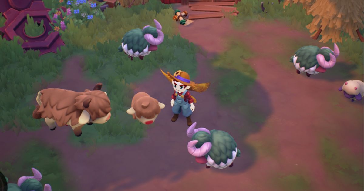 Fae Farm character standing next to Woolyhorn and Mamoo animals