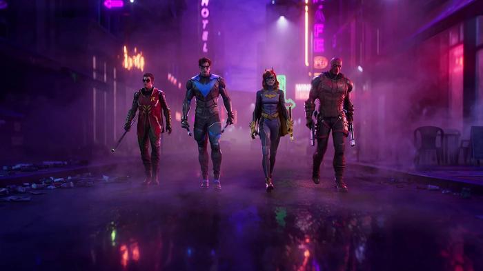 All four characters from Gotham Knights walking through a neon-lit alleyway