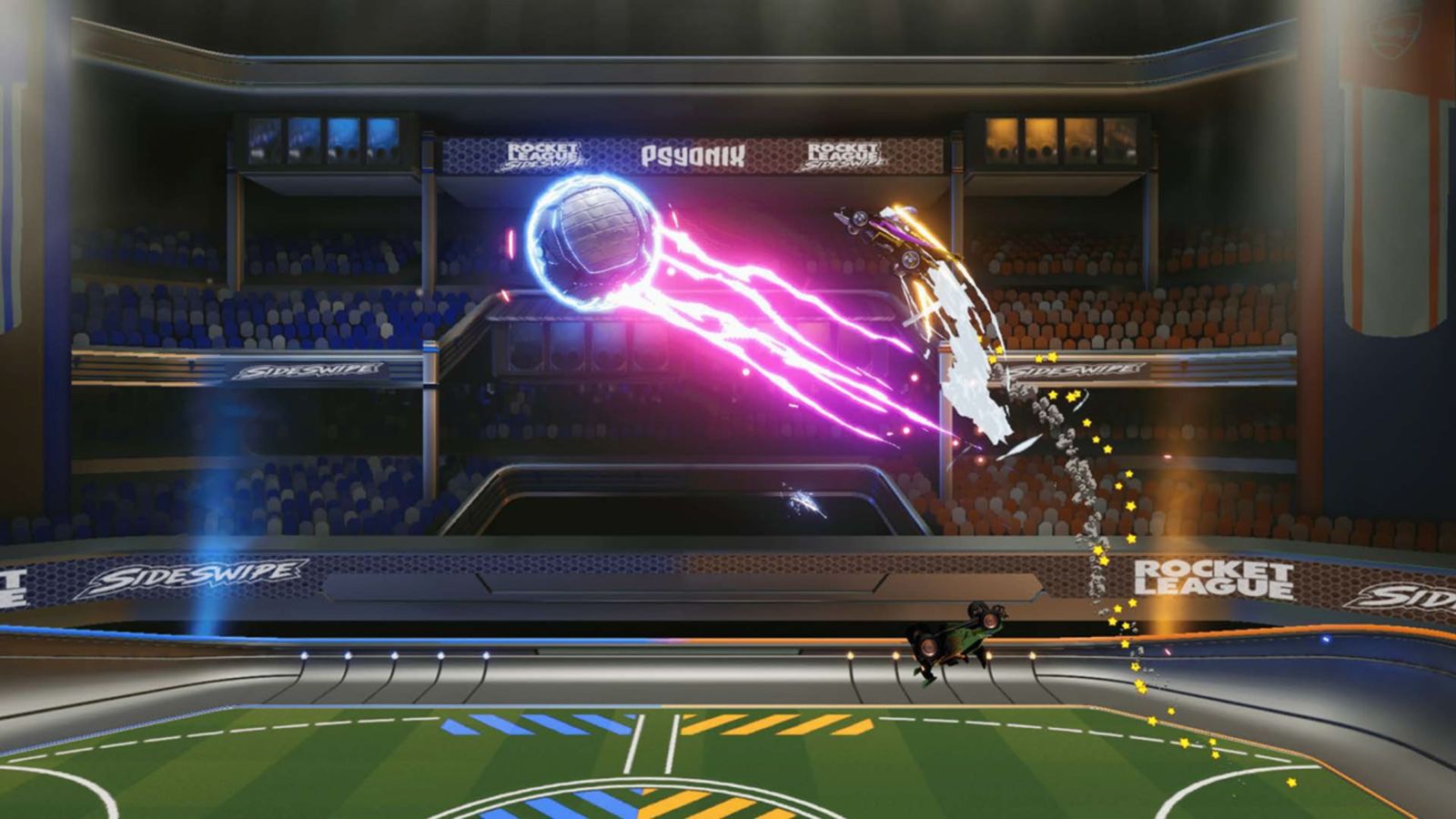 Screenshot from Rocket League Sideswipe, showing a car shooting the ball with a powerup