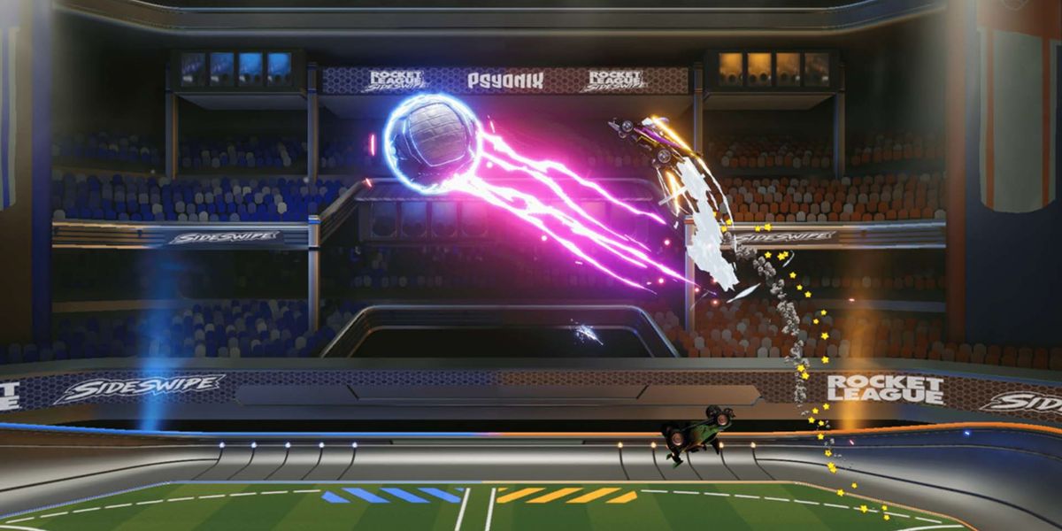 Screenshot from Rocket League Sideswipe, showing a car shooting the ball with a powerup