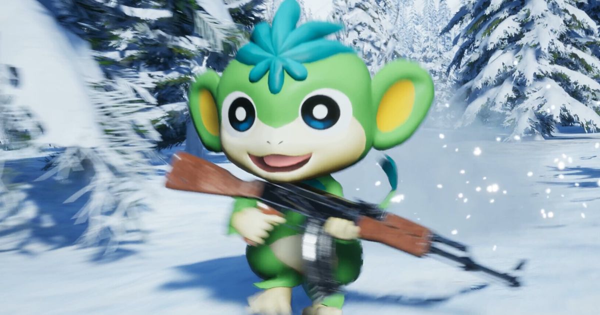 A Palworld Pal, a small green monkey, holding an AK-47