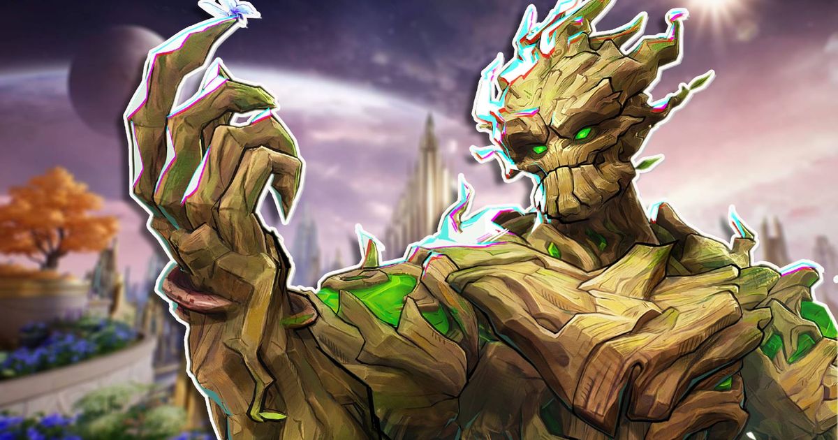 Groot looking at an insect resting on his fingertip, set against a blurred background of the Asgard map from Marvel Rivals.