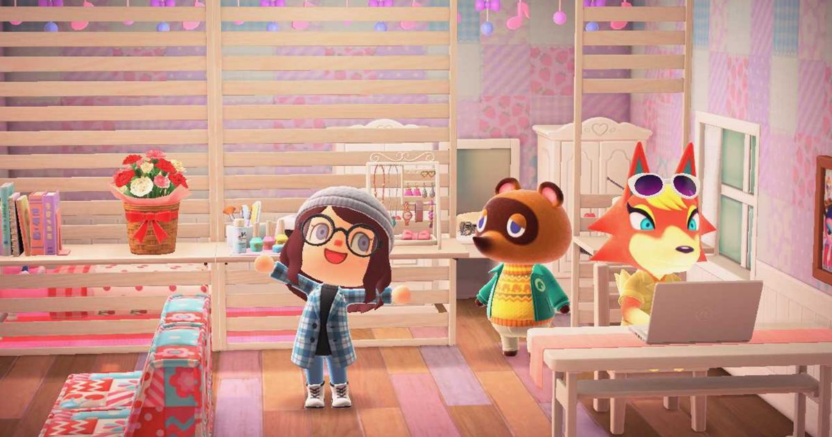 Animal Crossing New Horizons Happy Home Paradise. The Player, Tom Nook and Audie are standing in Audie's remodeled home. Audie is sat at the laptop on the right. The player is on the left. Tom Nook is in the middle