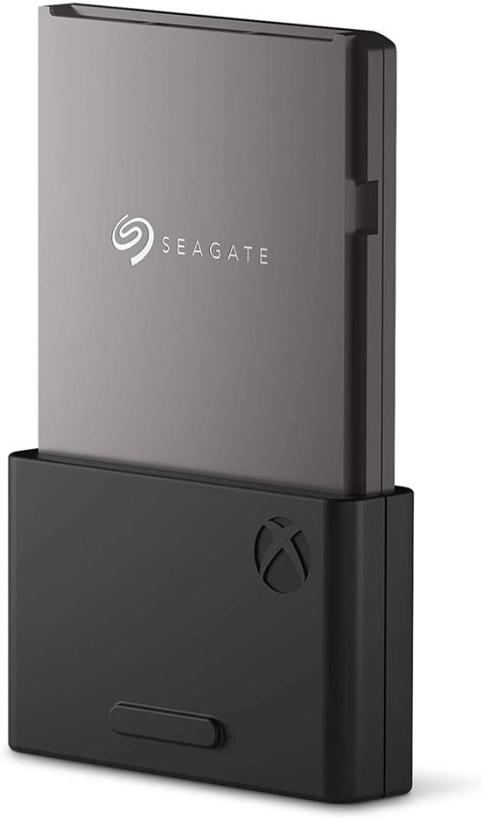 Seagate Storage Expansion Card product image of a grey SSD inside a black Xbox SSD reader.