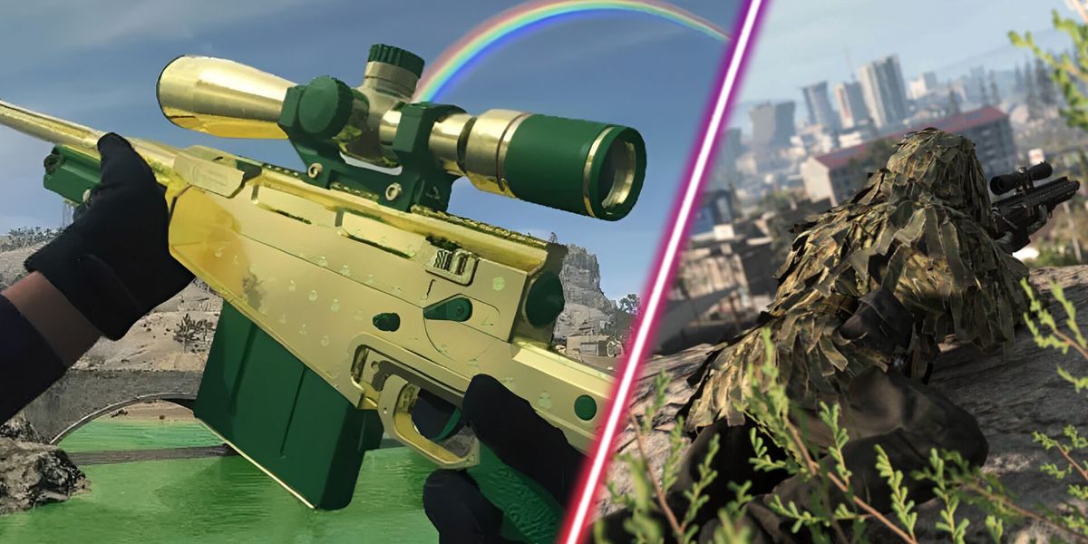 Warzone 2 St Patrick's Day sniper rifle and Warzone 2 player wearing ghillie suit