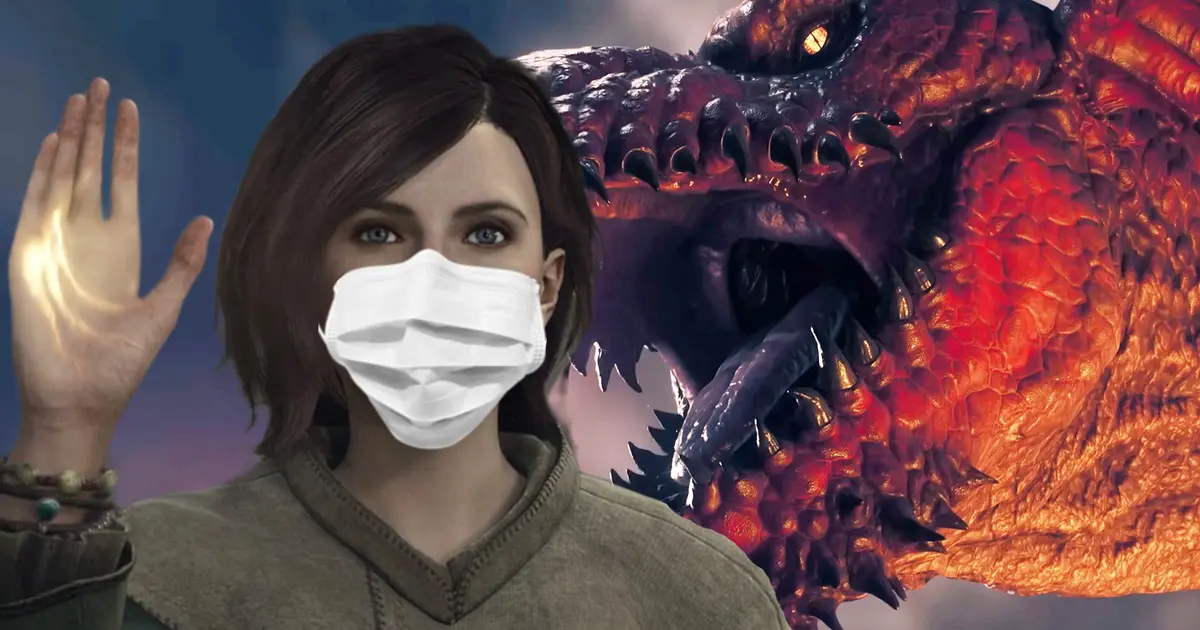 A dragon’s dogma 2 pawn wearing a face mask in front of a dragon 