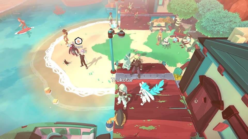 There is a bridge going across to an island. There are multiple people stood around with their Temtem creatures behind them.