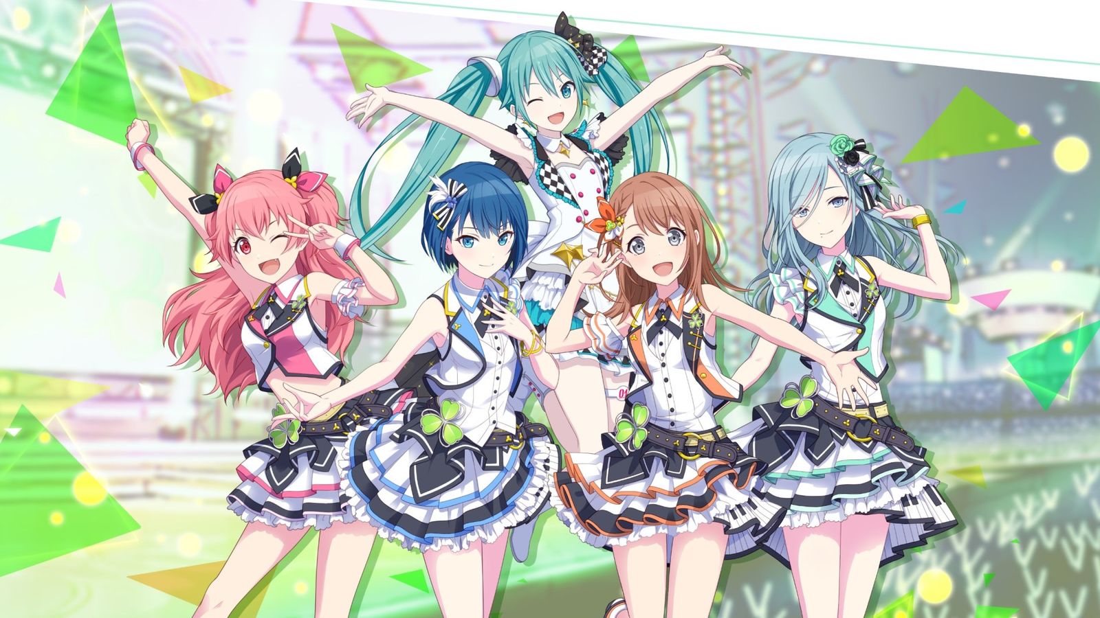 A lineup of characters wearing idol outfits in Hatsune Miku: Colourful Stage.