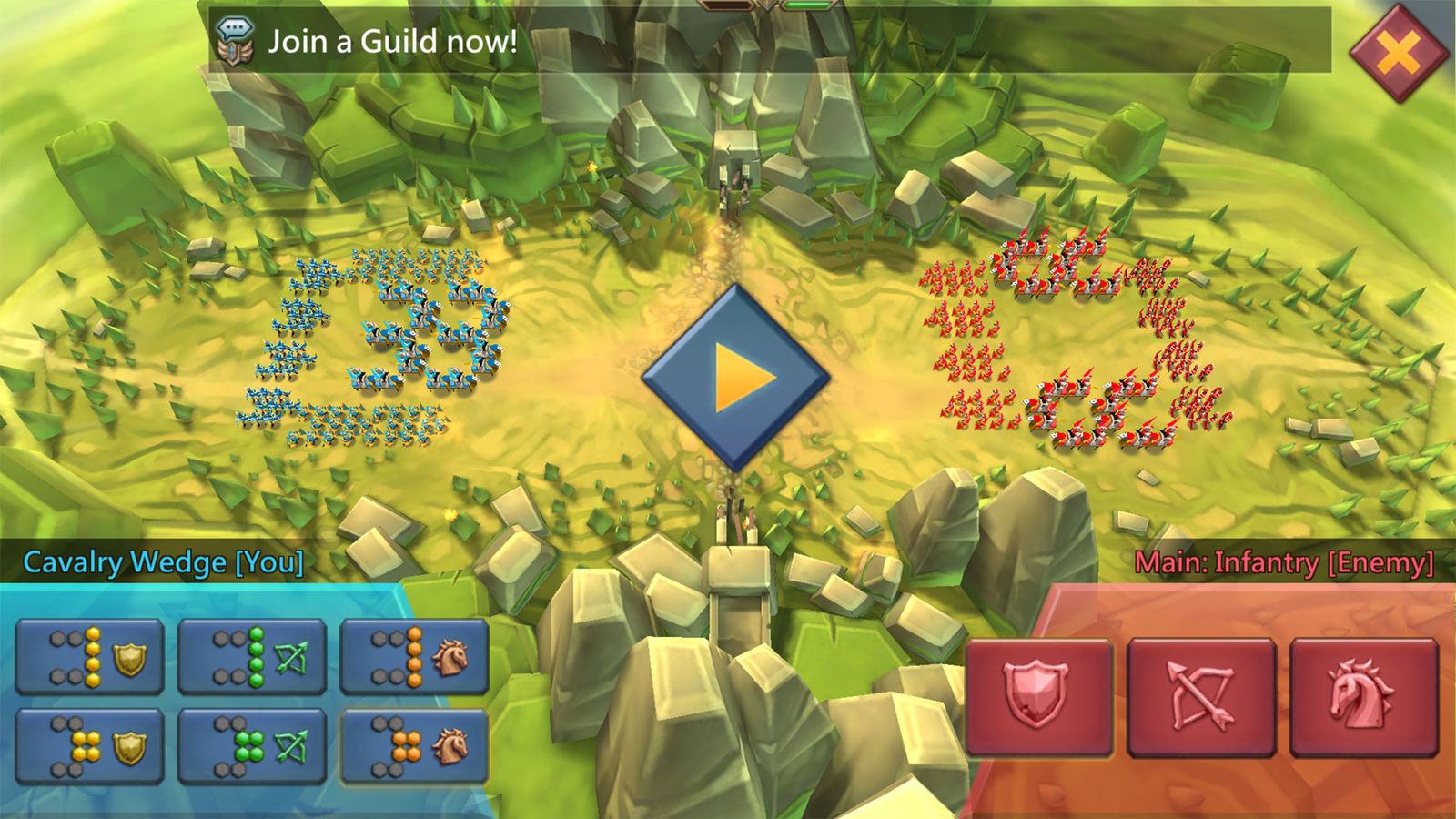 Screenshot of a battle sequence in Lords Mobile, with a green field and soldiers fighting on both sides