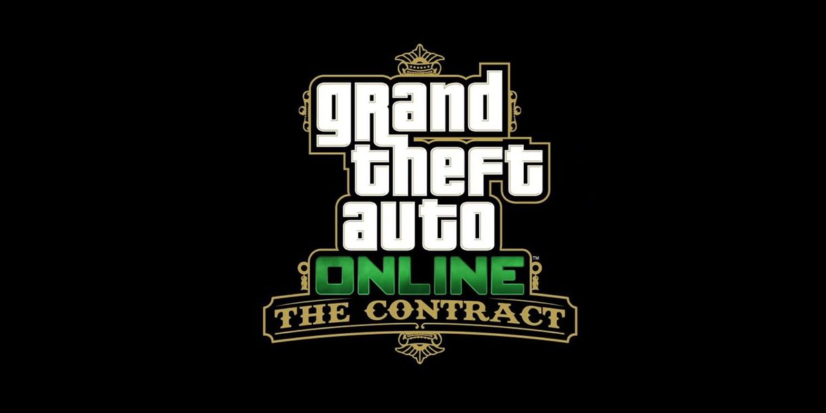 GTA Online The Contract DLC Title Screen. The screen shows Grand Theft Auto Online written on white in the center. "Online" is written in green below that and "the contract" is written in gold below that. It's all on a black background.