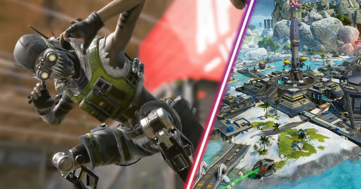 Screenshot of Apex Legends Octane pointing at head and overview of Apex Legends Storm Point map