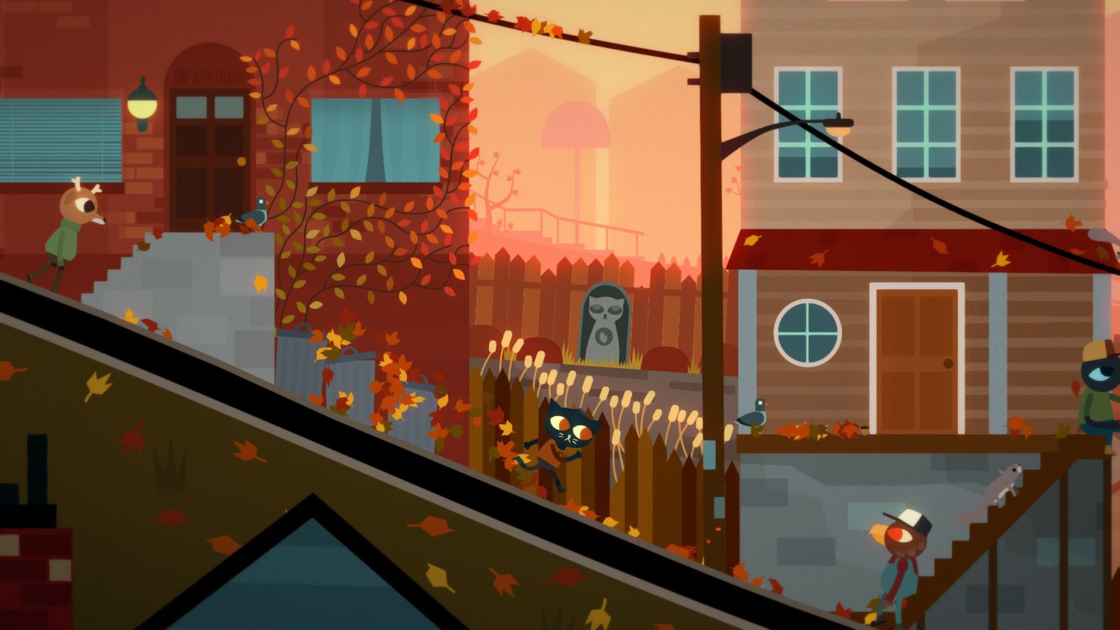 A screenshot of Night in the Woods featuring a humanoid cat running.
