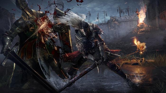 Two Tarnished having a sword fight in Elden Ring artwork.