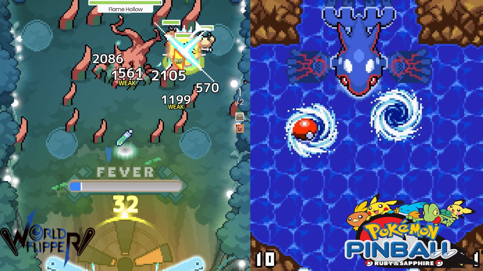 A side-by-side comparison of boss fights in World Flipper and Pokémon Pinball.