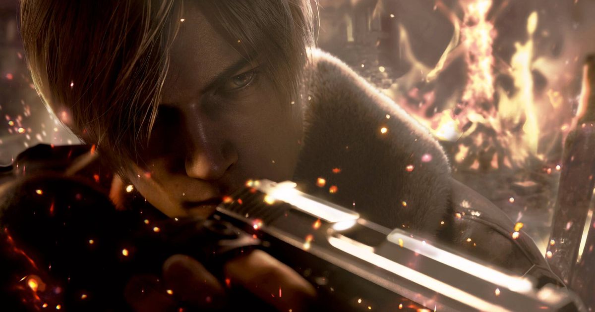 Leon S. Kennedy aiming a pistol across a fiery background in Resident Evil 4.