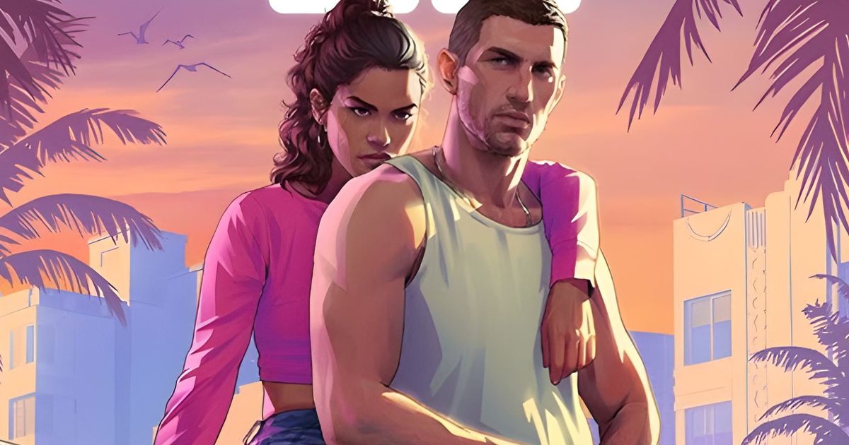 GTA 6 - man in a white tank top with a woman in pink with her arm draped over him, with a sunset and palm trees in the background.