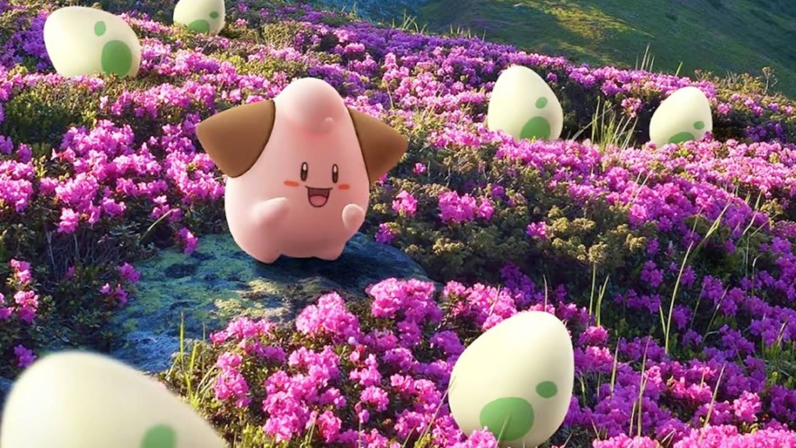 Cleffa surrounded by flowers and eggs