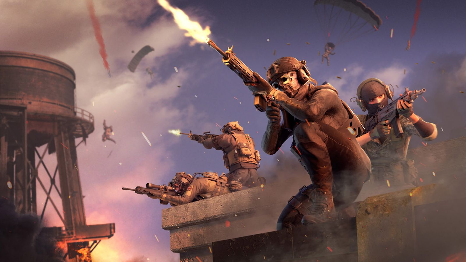 Warzone players firing guns at parachuting enemies falling from sky