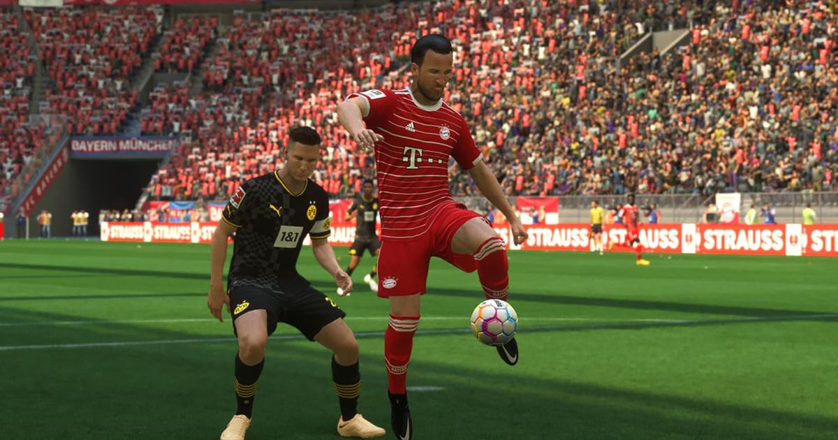 EA Sports FC 24 Harry Kane wearing Bayern Munich jersey in front of Borussia Dortmund player